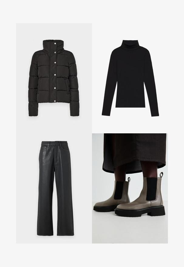 Mustbeežist mantli, millel on kõrge krae, nööpidel sulgemine, horisontaalne õmblemine ja kaks esikotti. Sile kangastekstr.; Mustavööne, pika varrukaga kõrge kaelusega T-särk, mis on valmistatud ribakanga materjalist, omab sobivat disaini ja ei sisalda mustreid ega aksessuaare.; Mustad lai säärised, mis on valmistatud läikivast materjalist. Omavad nööbiga kinnitust, vööloopse ja siledat tekstuuriga esimesi taskuid.; Hallide hallukad, mis on valmistatud tekstuursest nahast, millel on elastsed külgpaneelid ja massiivne must tald. Omab tõmblukke mugavaks selga panemiseks.