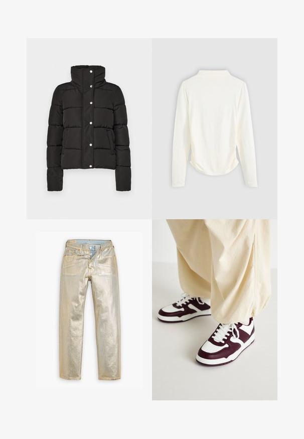 Černá vycpaná bunda s vysokým límcem, se zapínáním na druky, horizontálním prošíváním a dvěma předními kapsami. Hladká textura tkaniny.; Halenka s dlouhým rukávem v krémové barvě, s mírným řasením po stranách a klasickým límcem. Hladká textura, jednoduchý design.; Zlaté metalické džíny se rovnými nohavicemi, pěti kapsami, měděnými detaily a strukturovaným povrchem. Vybaveny modrým dením pásem.; ONLY SHOES ONLSWIFT - Tenisky - white/dark red