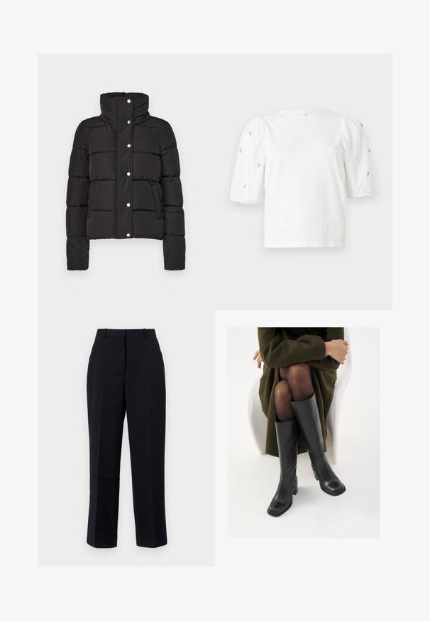 Jachetă neagră căptușită cu guler înalt, care dispune de închidere cu capse, cusături orizontale și două buzunare frontale. Textură de țesătură netedă.; Tricou alb din bumbac cu mâneci scurte tip bufantă, având mici embellisheuri argintii pe mâneci. Decolteu clasic rotund, croială lejeră.; Pantaloni negri cu croi drept, dintr-un material neted, cu detalii de pliuri, bucle pentru curea și buzunare laterale. Potriviți pentru ținute formale.; Cizme din piele neagră, până la genunchi, cu vârf pătrat și toc bloc, prezentate pe un model așezat într-o haină verde măsline. Textură netedă, detalii minime.