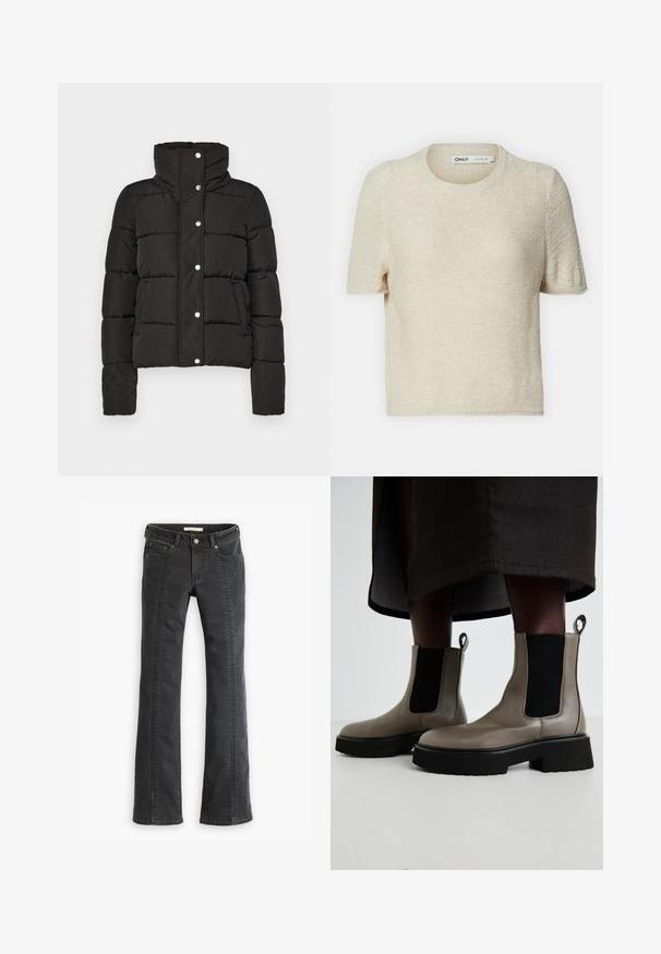 Veste rembourrée noire avec un col haut, dotée d'une fermeture à boutons-pression, de coutures horizontales et de deux poches avant. Texture de tissu lisse.; Pull-over court en tricot beige à manches courtes et col rond, avec un motif texturé et une coupe décontractée. Fabriqué en tissu léger.; Jean flare en denim noir avec cinq poches, passants de ceinture et coutures contrastées le long des coutures avant. Texture douce et taille standard.; Bottes chelsea grises en cuir texturé avec des panneaux latéraux élastiques et une semelle épaisse noire. Équipées de languettes pour un enfilage facile.