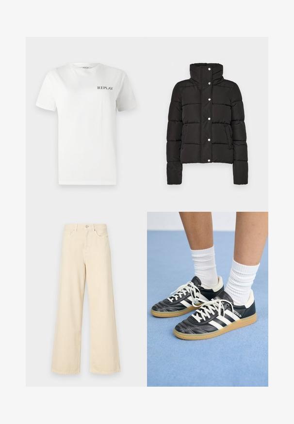 Juodas paminkštintas švarkas su aukštu apykakle, turintis spaudžiamų mygtukų užsegimą, horizontalią siūlę ir dvi priekinės kišenes. Lygus audinio paviršius.; Balta medvilninė marškinėliai su trumpomis rankovėmis, apvaliu iškirpimu, su mažu juodu "REPLAY" logotipu kairėje krūtinės pusėje. Lygus paviršius.; Bežinės plačios kojos džinsai, pagaminti iš medvilnės. Turintys sagos uždarymą, diržo kilpas ir priekinės kišenes su lygia, švelnia tekstūra.; Juodos odinės sportbačiai su baltais dryžiais, apvalia nosimi, baltais raišteliais ir guminiu padu. Pabrėžti paminkštinta apykakle ir prekių ženklų detalėmis.