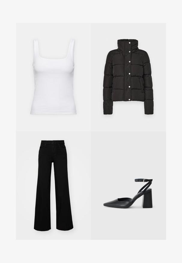 Casaco acolchoado preto com gola alta, apresentando fecho de botão de pressão, costura horizontal e dois bolsos frontais. Textura de tecido suave.; Camisola justa de riscas brancas com decote quadrado e alças finas, feita de um tecido de algodão elástico.; Calças largas pretas em denim, com uma cintura estruturada, passantes para cinto e bolsos frontais. Textura suave com um design clássico.; Sandal com biqueira afilada em couro preto, com cinta no tornozelo e salto grosso. Textura lisa, design elegante e estética minimalista.