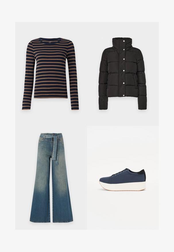Sort polstret jakke med høj krave, med trykknaplukning, vandret syninger og to forlommer. Glat stoftekstur.; Navyblå langærmet skjorte med brune vandrette striber og rund halsudskæring, præsenteret mod en hvid baggrund.; Bredbens-denimbukser med en lys til mørk blå gradient, høj talje, bælteløkker og et matchende stofbælte. Tekstureret denimfinish.; Mørkeblå sneakers med en struktureret stofoverdel, hvid platformssål, rund tå og sort hælakkent. Har seks snøreøjer til snørebånd.