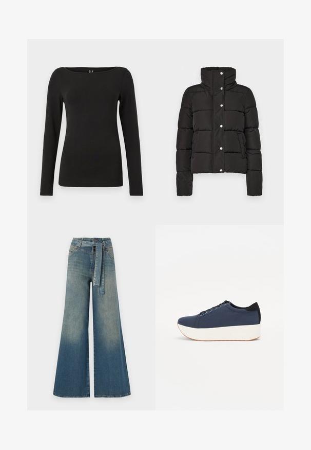 Juodas paminkštintas švarkas su aukštu apykakle, turintis spaudžiamų mygtukų užsegimą, horizontalią siūlę ir dvi priekinės kišenes. Lygus audinio paviršius.; Juoda ilgomis rankovėmis palaidinė, pagaminta iš minkštos medvilnės. Turi apvalų iškirpimą ir figūrą apglaudžiančią konstrukciją, su švariais siūlais ir be matomų dekoracijų.; Platus džinsinis kelnes su šviesiai tamsiai mėlynu gradientu, aukštu juosmeniu, diržo kilpomis ir atitinkančiu audinio diržu. Textūruotas džinsinis paviršius.; Tamsiai mėlynas sportinis batelis su tekstūruotu audiniu viršuje, baltu platformos padu, apvaliu pirštu ir juodu kulno akcentu.š. Yra šešios skylės raišteliams.