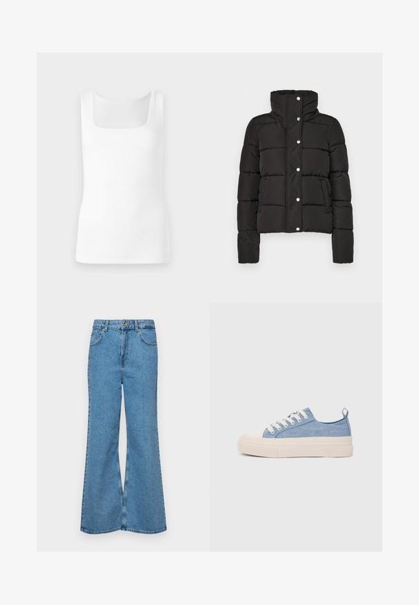 Fekete párnázott dzseki magas gallérral, patentgombos záródással, vízszintes varrással és két elülső zsebbel. Simább anyagtextúra.; Fehér ujjatlan trikó, négyzet alakú dekoltázzsal, sima, rugalmas anyagból készült, testhez simuló szabással, látható minták vagy díszítések nélkül.; Világoskék, trapézszárú farmernadrág, magas derékkal, öt zsebbel és egy gombos záródással. Puha tapintású, magasított effektusú anyag.; Világoskék vászon sportcipők, krémszínű gumitippel és talppal, fehér fűzőkkel és egy húzófüllel a sarkán.