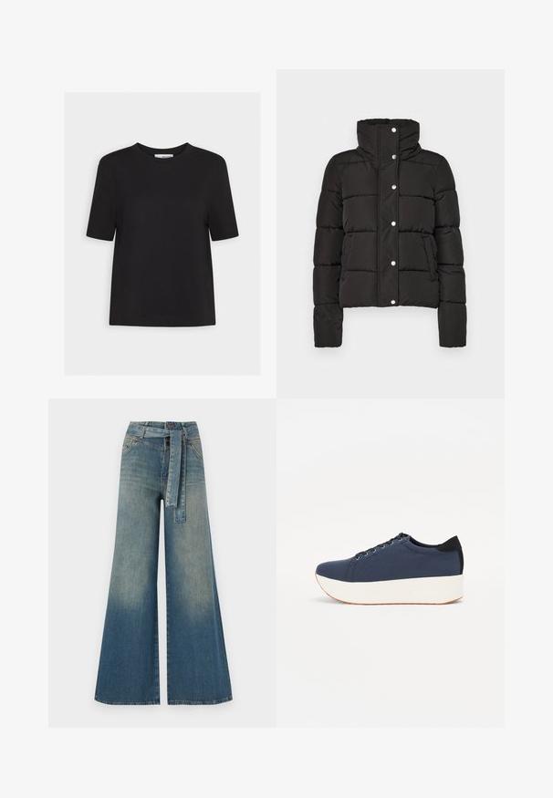 Črna podložena jakna z visokim ovratnikom, ki ima zapiranje na gumbi, vodoravno šivanje in dva sprednja žepa. Gladek tekstilni material.; Črna bombažna majica s kratkimi rokavi in okroglo ovratnikom, naravnost končana. Preprost dizajn, brez vidnih vzorcev ali dodatkov.; Široke jeans hlače z gradientom od svetlo do temno modre, visokim pasom, zankami za pas in pasom iz istega materiala. Tekstura denim končnica.; Temno modri športni copati z teksturirano zgornjščino, bela platforma, okrogla konica in črn naglas na peti. Imajo šest lukenj za vezalke.