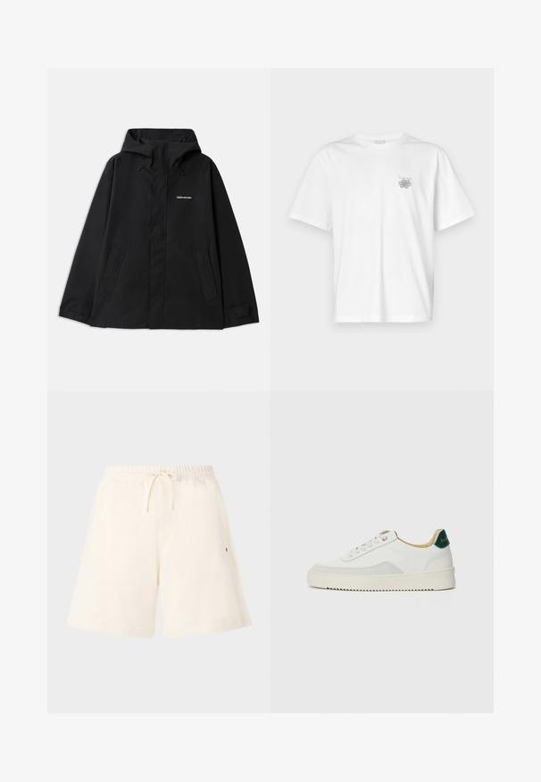 Veste noire imperméable avec capuche, manches longues, fermeture éclair avant et deux poches latérales. Texture lisse avec un design minimaliste.; T-shirt blanc en coton avec des manches courtes, un col ras du cou et un petit logo gris sur la partie gauche de la poitrine. Texture lisse.; Shorts couleur crème en tissu doux, dotés d'une taille élastique avec cordon de serrage, de poches latérales et d'une coupe décontractée.; Baskets blanches avec des accents en daim, bout arrondi, lacets plats et semelle en caoutchouc crème. Présente une marque verte sur le talon.