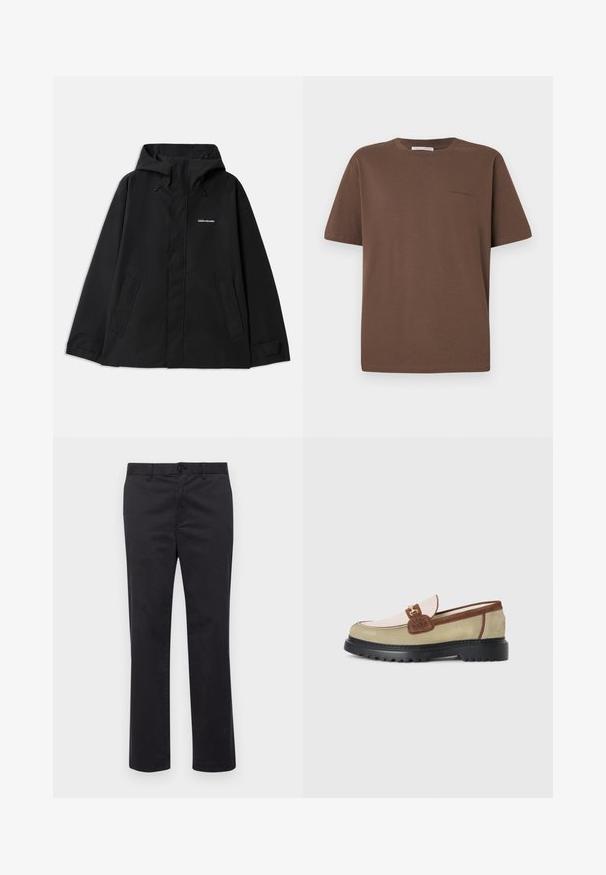 Must have mõlemalt poolt kattega must veekindel jakk, millel on kapuuts, pikad varrukad, esi lukuga sulgemine ja kaks külge taskut. Sile tekstuur koos minimalistliku disainiga.; Pruun puuvillane T-särk ümmarguse kaeluse, lühikeste varrukate ja väikese logoga, mis on trükitud ette. Lameda kangastekstuuri ja vaba lõikega.; Mustadest puuvillast püksid sirge jala disainiga, millel on nööbiklõps ja vöökohaga silmad. Sile tekstuur, ilma nähtavate mustrite või aktsentideta.; Mugav jalats, millel on beež, helesinine ja pruuni nubukist paneelid, kuldne metallist pandla aksessuaar ning paks must kummist tallaga, millel on mustriga mustri.