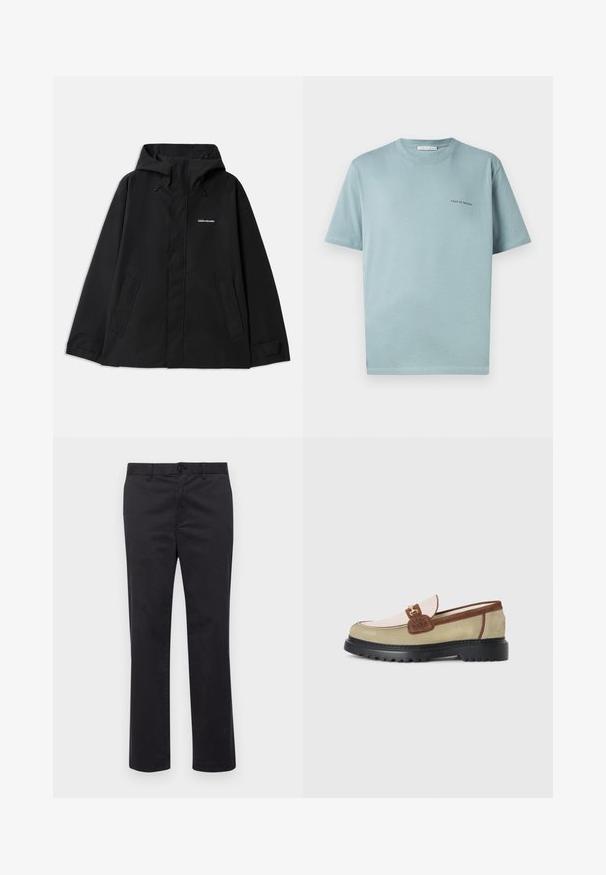 Veste noire imperméable avec capuche, manches longues, fermeture éclair avant et deux poches latérales. Texture lisse avec un design minimaliste.; T-shirt en coton bleu clair avec un col rond, des manches courtes et un petit logo "TIGER OF SWEDEN" sur la poitrine gauche. Texture lisse.; Pantalons en coton noir avec une coupe droite, dotés d'une fermeture à bouton et de passants de ceinture. Texture lisse, sans motifs ni accents visibles.; Loafer avec des panneaux en suède beige, rose clair et marron, accent en boucle en métal doré et semelle épaisse en caoutchouc noir avec un motif de crans.