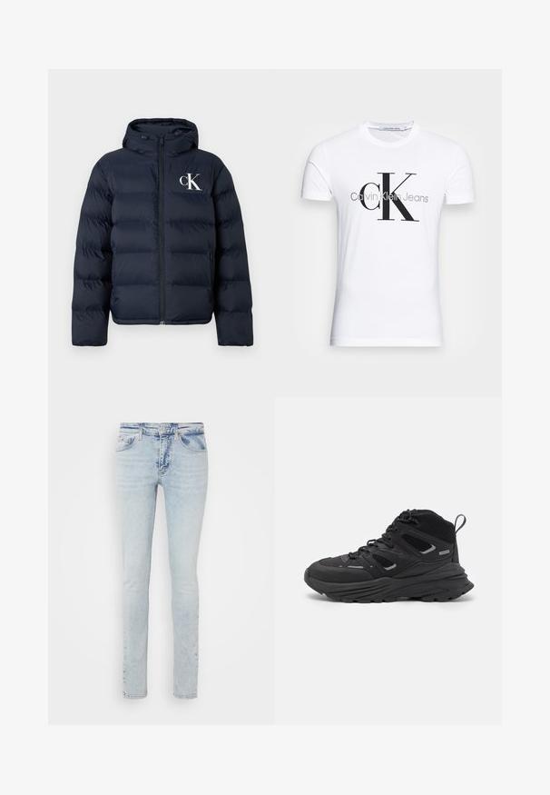 Temno modra napihnjena jakna s kapuco, sprednjim zadrgo, stranskima žepoma in belim logotipom "cK" na levi prsni strani.; Bela bomba majica iz bombaža z črnim logotipom "CK" in napisom "Calvin Klein Jeans", kratkimi rokavi in klasičnim okroglim ovratnikom.; Svetlo modri traper hlače z ozkim fitom, ki vključujejo klasično zasnovo s petimi žepi in diskretnim bledenjem na nogah. Tradicionalno zapiranje na gumb.; Črne pohodne čevlje z večplastno zasnovo, teksturirano tkanino in gumijastim podplatom, z ojačanimi deli in vezalkami spredaj.