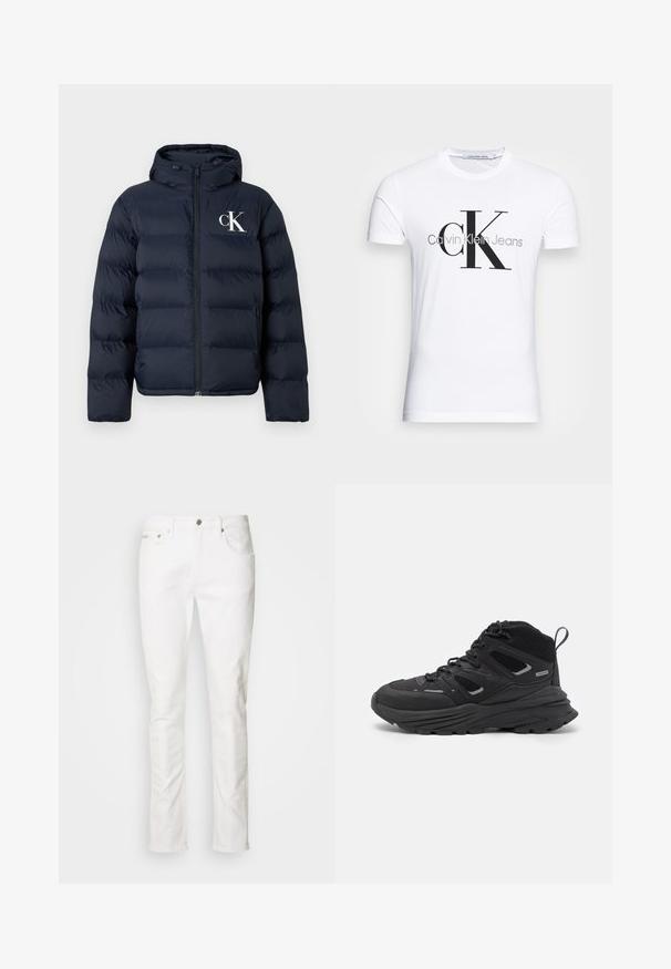Jachetă puffer bleumarin cu glugă, fermoar frontal, buzunare laterale și logo-ul alb "cK" pe pieptul stâng.; Tricou alb din bumbac, cu un logo negru "CK" și textul "Calvin Klein Jeans", cu mâneci scurte și un guler clasic rotund.; Jeans din denim alb cu un design drept, stil cu cinci buzunare, având un sistem de închidere cu buton metalic și detalii fine de cusătură.; Pantofi de drumeție negri cu un design stratificat, material texturat și talpă din cauciuc, cu zone întărite și sistem de șireturi.