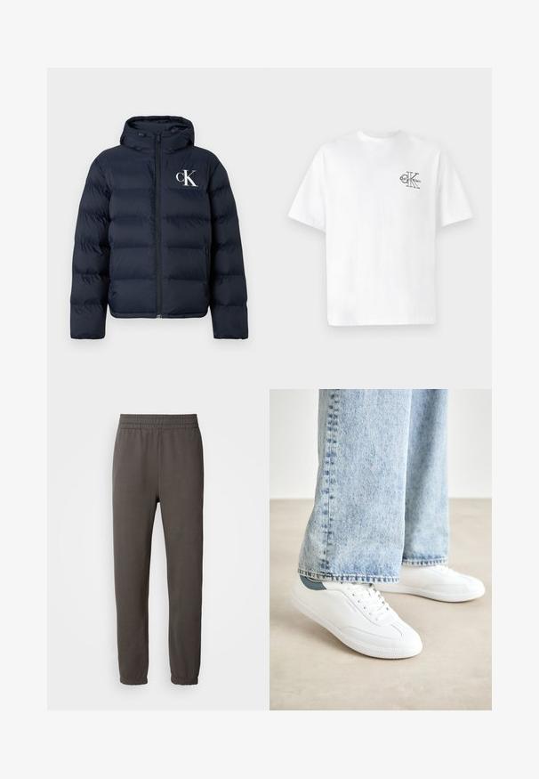 Mørkeblå dunjakke med hætte, frontlynlås, sidelommer og hvid "cK" logo på venstre bryst.; Hvid bomulds t-shirt med korte ærmer, rund hals, med et sort CK-logo på venstre brystområde, standard pasform, glat tekstur.; Mørkegrå sweatpants med elastisk talje, tapered ben og ribbede manchetter. Har et lille logo på låret. Lavet af blødt stof.; Hvite sneakers med glat materiale, snørelukking, tekstureret gummisål og en teal accent ved hælen, parret med lyseblå jeans.
