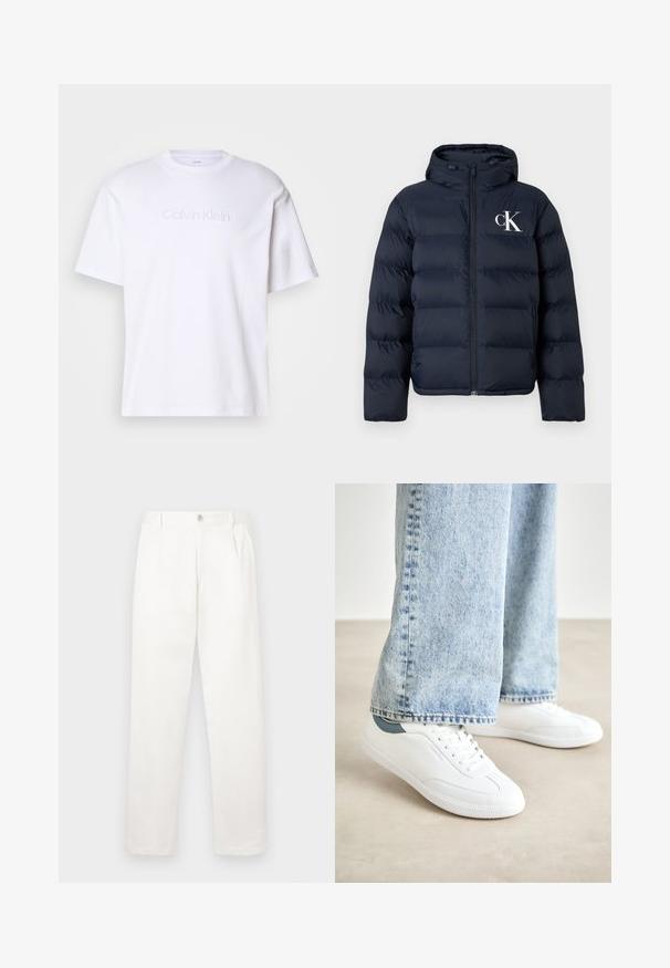 Tamsiai mėlynas pūkinis džemperis su gobtuvu, priekinis užtrauktukas, šoniniai kišeniai ir baltas "cK" logotipas kairėje krūtinės pusėje.; Balta medvilninė marškinėliai su trumpomis rankovėmis, kuriose centre yra iškilęs Calvin Klein logotipas. Klasikinio apvalaus kaklo dizainas. Lygus paviršius.; Balti kelni, pagaminti iš lygaus audinio, turi tiesią kojos konstrukciją, priekinę klostę ir vieną mygtuką juosmens srityje.; Baltos sportbačiai su lygiu paviršiumi, raišteliais ir tekstūruota guma, su žaliu akcentu ant kulno, derinami su šviesiai mėlynomis džinsinėmis kelnėmis.