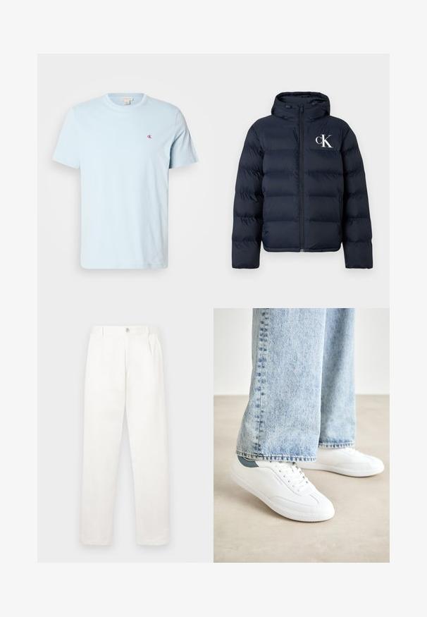 Navy blue puffer jacket with hood, front zipper, side pockets, and white "cK" logo on the left chest.; Light blue cotton t-shirt with short sleeves, round neckline, and a small red logo on the chest. Smooth texture, casual design.; White trousers made from smooth fabric, featuring a straight leg design, front pleats, and a single button closure at the waist.; White sneakers with smooth material, lace-up design, textured rubber sole, and a teal accent at the heel, paired with light blue jeans.