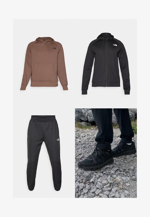 Sudadera negra con cremallera y un diseño ajustado, que incluye una capucha con cordón y un logo en el lado izquierdo del pecho. Fabricada con un material suave y elástico, con puños acanalados.; Sudadera marrón con un bolsillo frontal, capucha ajustable con cordón y un logo negro en el lado izquierdo del pecho. Fabricada con un tejido suave y texturizado.; Pantalones deportivos negros con cintura ajustable mediante cordón, corte tapered, puños elásticos y un pequeño logo blanco en el muslo izquierdo, fabricados en tejido suave.; Zapatos exteriores negros con malla y material sintético, que presentan un upper texturizado, un sistema de cordones seguro y una suela robusta, sobre terreno rocoso.