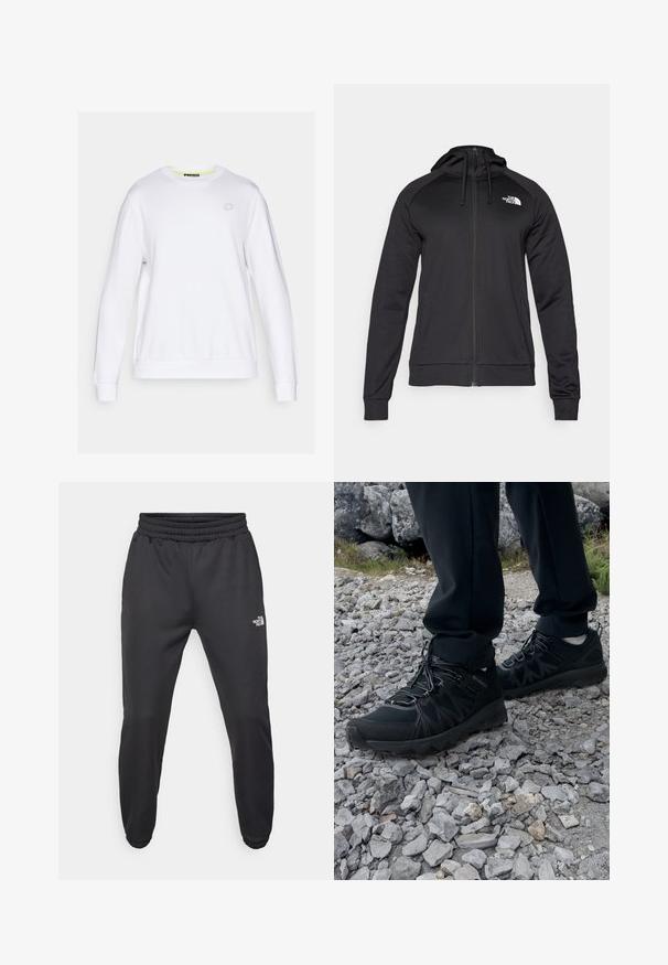 Black zip-up hoodie with a fitted design, featuring a drawstring hood and logo on the left chest. Soft, stretchy fabric with ribbed cuffs.; White sweatshirt with long sleeves, round neckline, and ribbed cuffs. Features a subtle geometric logo on the chest. Smooth texture.; Black sweatpants with a drawstring waist, tapered fit, elastic cuffs, and a small white logo on the left thigh, made from smooth fabric.; Black outdoor shoes with mesh and synthetic material, featuring a textured upper, secured lacing system, and a rugged outsole, on rocky terrain.