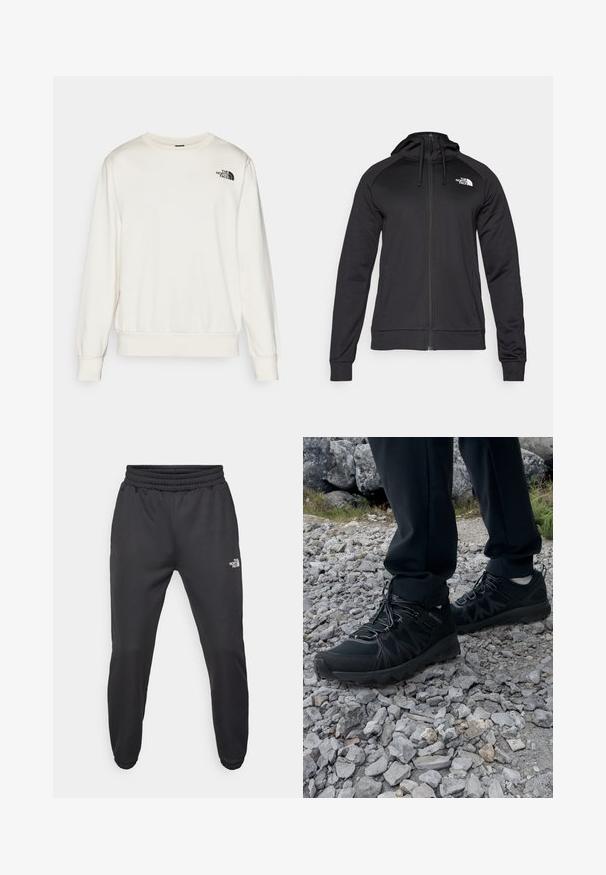 Black zip-up hoodie with a fitted design, featuring a drawstring hood and logo on the left chest. Soft, stretchy fabric with ribbed cuffs.; White sweatshirt made of soft fabric, featuring a crew neck, long sleeves, ribbed cuffs, and a black logo on the left chest.; Black sweatpants with a drawstring waist, tapered fit, elastic cuffs, and a small white logo on the left thigh, made from smooth fabric.; Black outdoor shoes with mesh and synthetic material, featuring a textured upper, secured lacing system, and a rugged outsole, on rocky terrain.