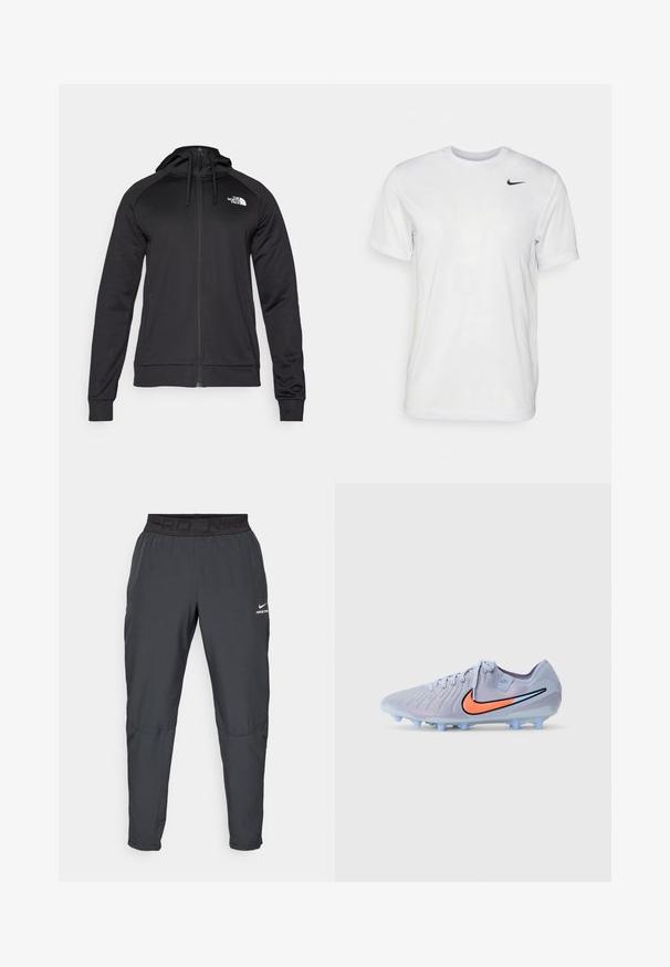 Black zip-up hoodie with a fitted design, featuring a drawstring hood and logo on the left chest. Soft, stretchy fabric with ribbed cuffs.; White short-sleeve t-shirt made of smooth fabric. Features a round neck and a small black Nike logo on the left chest.; Nike Pro pants in dark gray, featuring a black elastic waistband with "PRD" and "NIKE PRO" text, smooth fabric, tapered design, and subtle stitching details.; Light blue soccer cleat with textured surface, black and orange Nike swoosh, and translucent blue studs for traction.