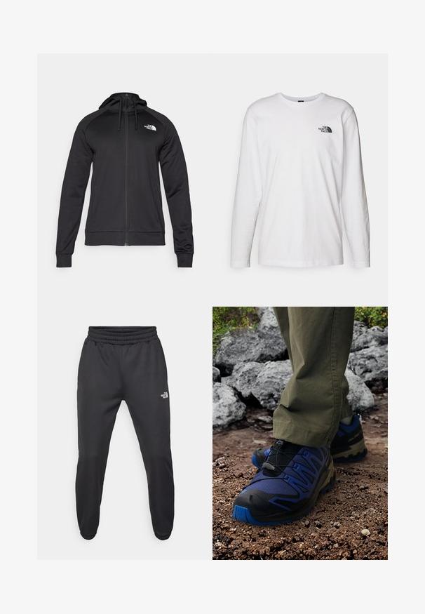 Zwarte rits-hoodie met een aansluitend ontwerp, voorzien van een trekkoordsluiting en een logo op de linkerborst. Zacht, rekbaar materiaal met geribde manchetten.; Witte lange mouwen T-shirt gemaakt van katoen met een ronde hals. Beschikt over een klein zwart logo op de borst. Soepele textuur, normale pasvorm.; Zwarte sweatpants met een trekkoord in de taille, tapered fit, elastische boorden en een klein wit logo op de linker dij, gemaakt van gladde stof.; Trail schoenen met een zwart en blauw ontwerp, mesh- en rubbermaterialen, een gestructureerde oppervlakte en een elastisch vetersysteem, gedragen op rocky terrein.
