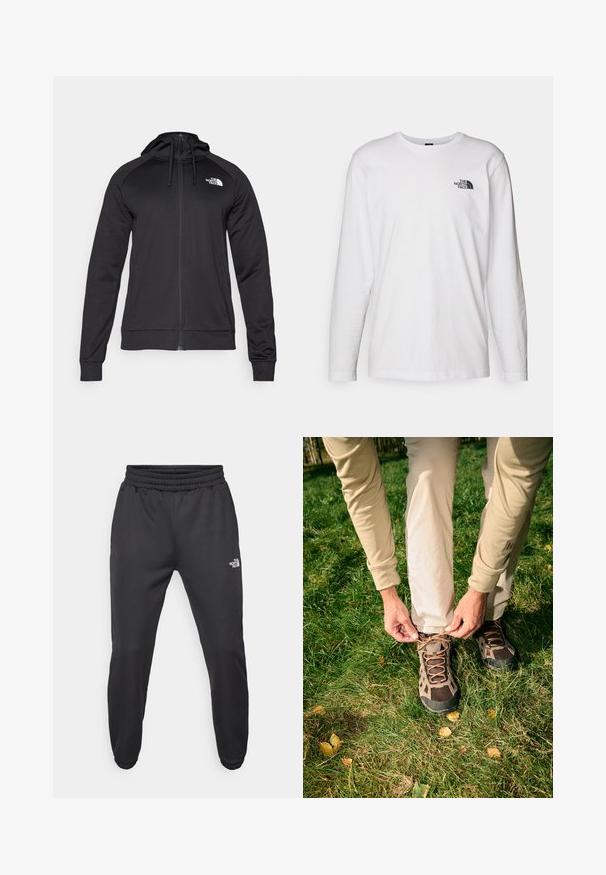 Felpa nera con zip e design aderente, dotata di cappuccio regolabile con cordino e logo sul petto a sinistra. Tessuto morbido e elastico con polsini a coste.; T-shirt bianco a maniche lunghe in cotone con colletto rotondo. Presenta un piccolo logo nero sul petto. Texture liscia, vestibilità regolare.; Pantaloni sportivi neri con vita regolabile tramitecordino, vestibilità affusolata, polsini elasticizzati e un piccolo logo bianco sulla coscia sinistra, realizzati in tessuto morbido.; Calzature da esterno con tomaia in rete nei toni del marrone; presentano un laccio elaborato e una suola in gomma nera texture. Prato e foglie in primo piano.