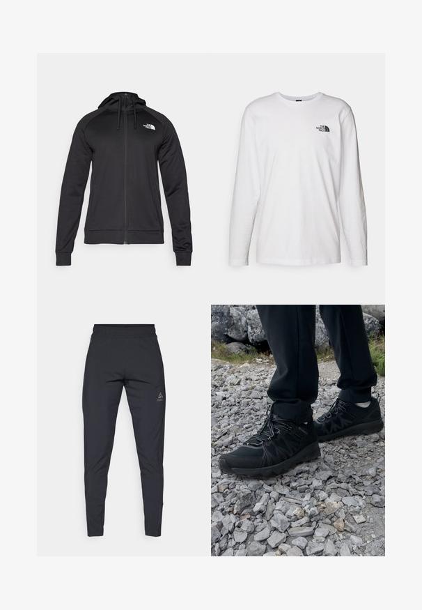 Schwarze Zip-Hoodie mit tailliertem Design, ausgestattet mit einer Kordelzugkapuze und einem Logo auf der linken Brust. Weicher, dehnbarer Stoff mit gerippten Bündchen.; Weißes langärmliges T-Shirt aus Baumwolle mit Rundhalsausschnitt. Verfügt über ein kleines schwarzes Logo auf der Brust. Glatte Textur, reguläre Passform.; Schwarze Sporthosen aus leichtem, dehnbarem Material. Mit elastischem Bund und einem Logo auf der linken Hüfte. Schmal geschnittenes Design.; Schwarze Outdoor-Schuhe aus Mesh und synthetischem Material, mit einer strukturierten Oberseite, gesichertem Schnürsystem und griffiger Laufsohle, auf felsigem Gelände.