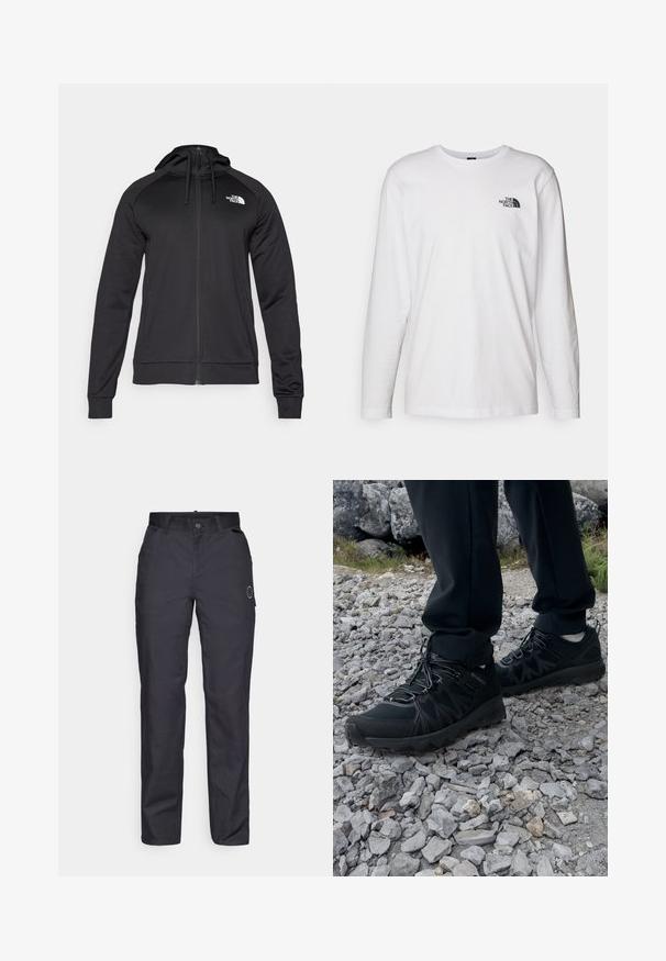 Černá zipová mikina s přiléhavým střihem, s kapucí na šňůrku a logem na levé části hrudi. Měkká, elastická tkanina s žebrovanými manžetami.; Bílý dlouhý rukáv tričko vyrobené z bavlny s kulatým výstřihem. Na hrudi se nachází malé černé logo. Hladká textura, běžný střih.; Černé kalhoty vyrobené z odolné látky, s rovnými nohavicemi, předními kapsami a zapínáním na knoflík. Diskrétní logo na boku.; Černé venkovní boty z prodyšného a syntetického materiálu, s texturovaným svrškem, bezpečným šněrovacím systémem a robustní podrážkou, na skalnatém terénu.
