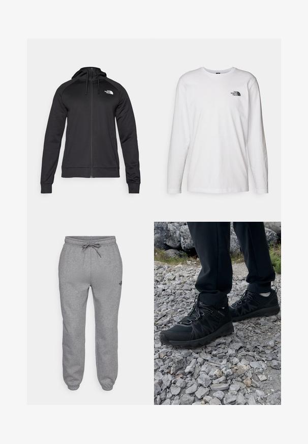 Sort zip-up hættetrøje med en tætsiddende pasform, der har snøre i hætten og logo på venstre bryst. Blødt, strækbart stof med ribbede manchetter.; Hvid langærmet T-shirt lavet af bomuld med rund hals. Har et lille sort logo på brystet. Glat tekstur, almindelig pasform.; The North Face SIMPLE DOME REGULAR TAPERED JOGGER - Træningsbukser - medium grey heather; Sorte udendørssko med mesh og syntetisk materiale, med en tekstureret overdel, sikre snørebånd og en robust ydersål, på klippelandskab.