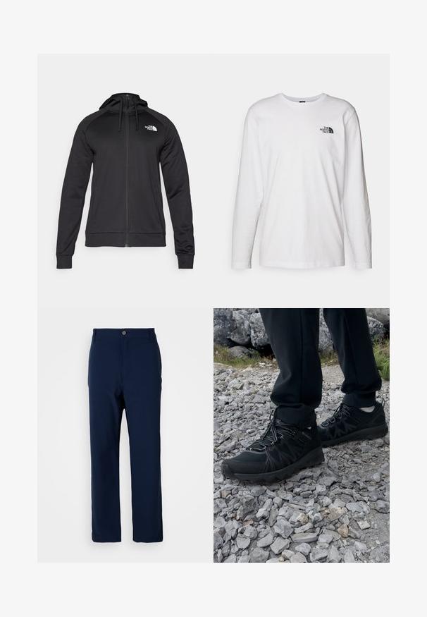 Mustat vetoketjulliset hupparit, joissa on istuva muotoilu, varustettuna nyörillä säädettävässä hupussa ja logolla vasemmassa rinnassa. Pehmeä, joustava kangas ribbaantuneilla hihansuilla.; Valkoinen pitkähihaisen T-paita, joka on valmistettu puuvillasta ja jossa on pyöreä kaula-aukko. Rintamuksessa on pieni musta logo. Sileä kangas, normaali malli.; Merenkikarin suorat housut nappi- ja vetoketjusuljennalla, vyölenkeillä ja ilman näkyviä taskuja valkoista taustaa vasten.; Mustat ulkokengät, joissa on verkko- ja synteettinen materiaali, teksturoitu päällinen, varma nauhoitusjärjestelmä ja kestävä pohja kivikkoisella maastolla.