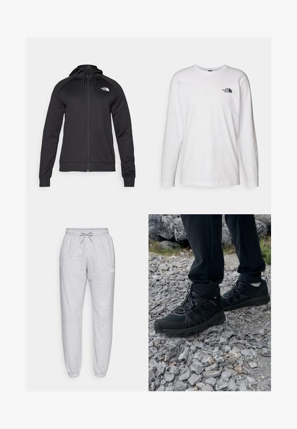 Black zip-up hoodie with a fitted design, featuring a drawstring hood and logo on the left chest. Soft, stretchy fabric with ribbed cuffs.; White long-sleeve T-shirt made of cotton with a crew neck. Features a small black logo on the chest. Smooth texture, regular fit.; Light gray sweatpants with elastic waistband and drawstring. Cuffed ankles and subtle branding on the upper leg. Made from soft fabric.; Black outdoor shoes with mesh and synthetic material, featuring a textured upper, secured lacing system, and a rugged outsole, on rocky terrain.