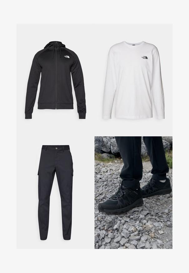 Svart hettegenser med glidelås og en tettsittende design, med snor for justering av hetta og logo på venstre bryst. Mykt, elastisk stoff med ribbede mansjetter.; Hvit langermet T-skjorte laget av bomull med rund hals. Har en liten svart logo på brystet. Glatt tekstur, vanlig passform.; Marine cargobukser i slitesterkt stoff, med knappelukking, fem lommer og avsmalnende ben med lett tekstur.; Sorte utendørssko i svart med mesh og syntetisk materiale, med en teksturert overdel, sikret snøresystem og en robust såle, på steinete terreng.