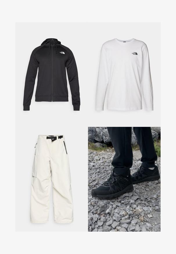 Sudadera negra con cremallera y un diseño ajustado, que incluye una capucha con cordón y un logo en el lado izquierdo del pecho. Fabricada con un material suave y elástico, con puños acanalados.; Camiseta de manga larga blanca de algodón con cuello redondo. Presenta un pequeño logotipo negro en el pecho. Textura suave, corte regular.; Pantalones cargo blancos hechos de un tejido resistente al agua, con un cinturón en la cintura, bolsillos laterales con cremalleras y un diseño suelto y de pierna ancha.; Zapatos exteriores negros con malla y material sintético, que presentan un upper texturizado, un sistema de cordones seguro y una suela robusta, sobre terreno rocoso.