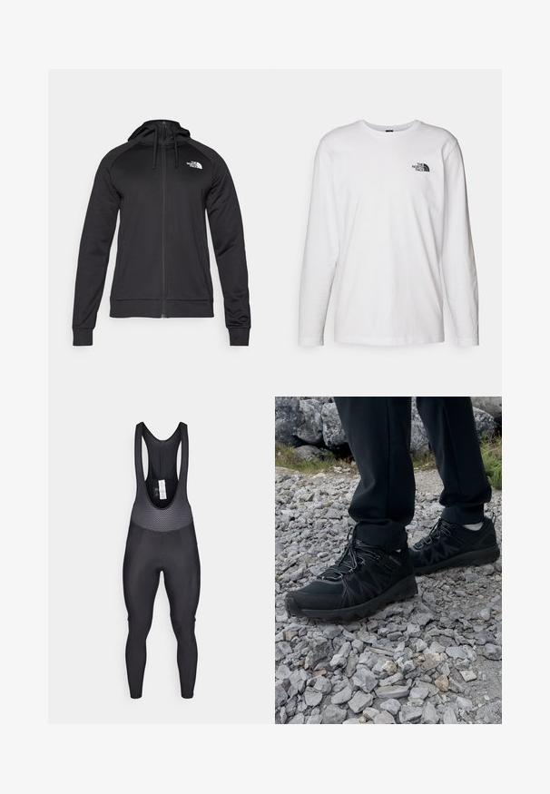 Felpa nera con zip e design aderente, dotata di cappuccio regolabile con cordino e logo sul petto a sinistra. Tessuto morbido e elastico con polsini a coste.; T-shirt bianco a maniche lunghe in cotone con colletto rotondo. Presenta un piccolo logo nero sul petto. Texture liscia, vestibilità regolare.; Salopette da ciclismo nera con pannello superiore texture e design in rete, gambe aderenti e imbottitura per una seduta comoda.; Scarpe da esterni nere realizzate in mesh e materiale sintetico, con una parte superiore testurizzata, un sistema di allacciatura sicuro e una suola robusta, su terreno roccioso.