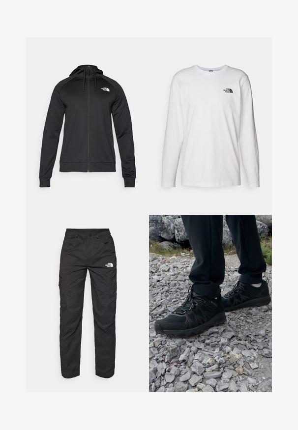 Haut de hoodie noir zippé au design ajusté, doté d'une capuche avec cordon de serrage et d'un logo sur la poitrine gauche. Tissu doux et extensible avec des poignets côtelés.; T-shirt blanc à manches longues en coton avec un col rond. Présente un petit logo noir sur la poitrine. Texture lisse, coupe régulière.; Pantalons cargo noirs en tissu léger. Dotés de poches latérales zippées et d'un logo sur la cuisse gauche. Design à jambe droite.; Chaussures d'extérieur noires en matériau synthétique et en maille, présentant une tige texturée, un système de lacets sécurisé et une semelle extérieure robuste, sur un terrain rocailleux.