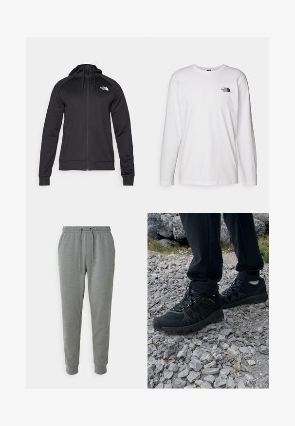 Mustat vetoketjulliset hupparit, joissa on istuva muotoilu, varustettuna nyörillä säädettävässä hupussa ja logolla vasemmassa rinnassa. Pehmeä, joustava kangas ribbaantuneilla hihansuilla.; Valkoinen pitkähihaisen T-paita, joka on valmistettu puuvillasta ja jossa on pyöreä kaula-aukko. Rintamuksessa on pieni musta logo. Sileä kangas, normaali malli.; Harmaat verkkarit, joissa on joustava vyötärö ja nyöri. Hihnat nilkoissa. Tasainen pinta, jossa on sivutaskut ja pieni logotyyppi.; Mustat ulkokengät, joissa on verkko- ja synteettinen materiaali, teksturoitu päällinen, varma nauhoitusjärjestelmä ja kestävä pohja kivikkoisella maastolla.