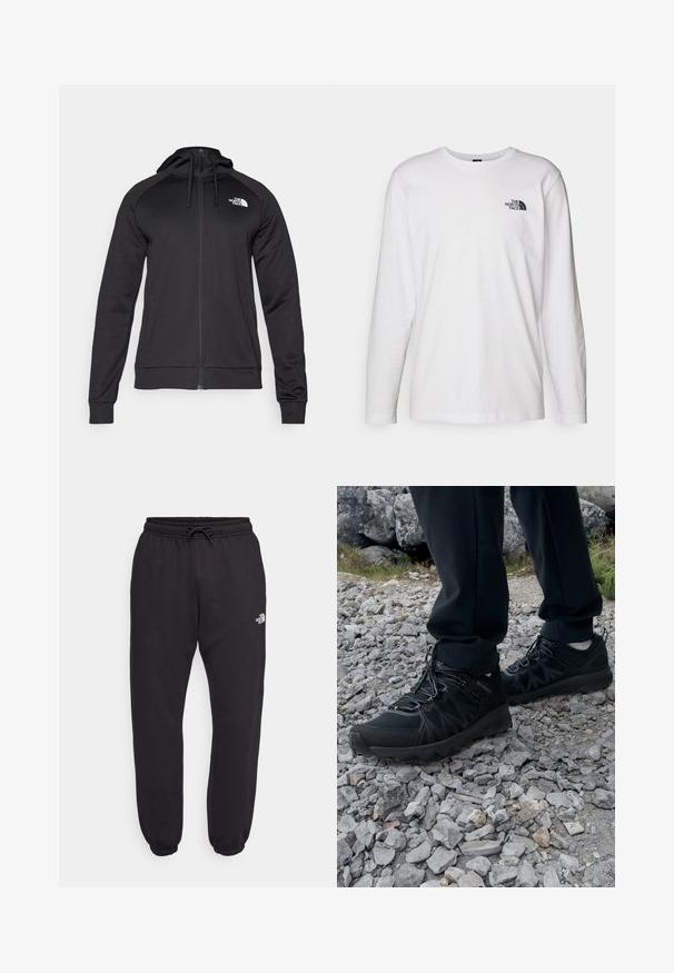 Black zip-up hoodie with a fitted design, featuring a drawstring hood and logo on the left chest. Soft, stretchy fabric with ribbed cuffs.; White long-sleeve T-shirt made of cotton with a crew neck. Features a small black logo on the chest. Smooth texture, regular fit.; Black sweatpants with an elastic waistband, drawstring, and cuffs. Features a small white logo on the upper side. Soft fabric texture.; Black outdoor shoes with mesh and synthetic material, featuring a textured upper, secured lacing system, and a rugged outsole, on rocky terrain.