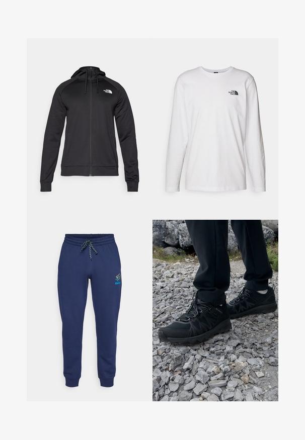 Schwarze Zip-Hoodie mit tailliertem Design, ausgestattet mit einer Kordelzugkapuze und einem Logo auf der linken Brust. Weicher, dehnbarer Stoff mit gerippten Bündchen.; Weißes langärmliges T-Shirt aus Baumwolle mit Rundhalsausschnitt. Verfügt über ein kleines schwarzes Logo auf der Brust. Glatte Textur, reguläre Passform.; Dunkelblaue Sweatpants aus weichem Baumwollmix, mit elastischem Bund und Kordelzug sowie gerippten Bündchen. Lotto-Logo auf der linken Seite.; Schwarze Outdoor-Schuhe aus Mesh und synthetischem Material, mit einer strukturierten Oberseite, gesichertem Schnürsystem und griffiger Laufsohle, auf felsigem Gelände.