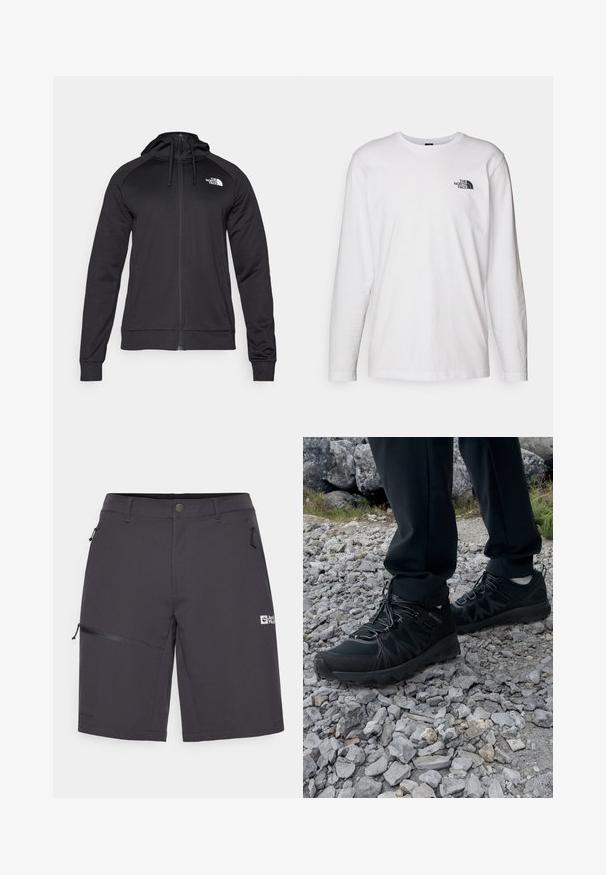 Felpa nera con zip e design aderente, dotata di cappuccio regolabile con cordino e logo sul petto a sinistra. Tessuto morbido e elastico con polsini a coste.; T-shirt bianco a maniche lunghe in cotone con colletto rotondo. Presenta un piccolo logo nero sul petto. Texture liscia, vestibilità regolare.; Pantaloni corti grigi scuri realizzati in tessuto leggero, con due tasche laterali, una tasca con cerniera e un logo sulla parte anteriore. Design della vita piatta.; Scarpe da esterni nere realizzate in mesh e materiale sintetico, con una parte superiore testurizzata, un sistema di allacciatura sicuro e una suola robusta, su terreno roccioso.