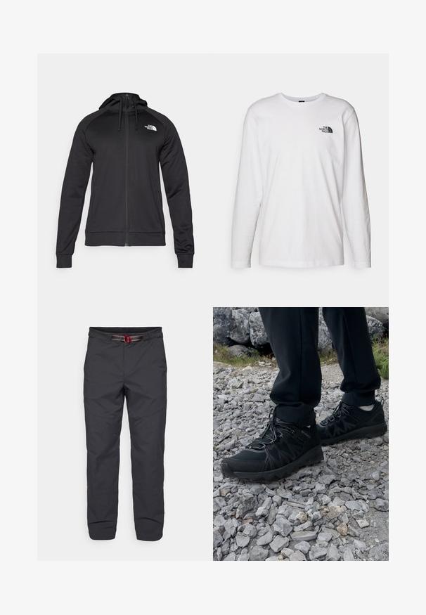 Czarny zamykany na zamek dres z dopasowanym krojem, z kapturem na sznurku i logo na lewej piersi. Miękka, elastyczna tkanina z prążkowanymi mankietami.; Biała koszulka z długim rękawem wykonana z bawełny, z okrągłym dekoltem. Posiada małe czarne logo na piersi. Gładka faktura, regularny krój.; Klättermusen ASAR czarny; Czarne buty outdoorowe wykonane z siateczki i materiału syntetycznego, z fakturowaną cholewką, zabezpieczonym systemem sznurowania i solidną podeszwą, na skalistym terenie.