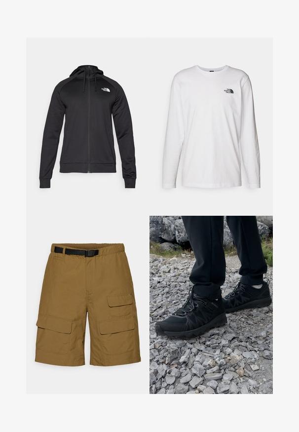 Svart hettegenser med glidelås og en tettsittende design, med snor for justering av hetta og logo på venstre bryst. Mykt, elastisk stoff med ribbede mansjetter.; Hvit langermet T-skjorte laget av bomull med rund hals. Har en liten svart logo på brystet. Glatt tekstur, vanlig passform.; Cargo shorts i khaki, med elastisk midjebånd og svart belte, to sidelommer og to cargo lommer med klaff-lukking.; Sorte utendørssko i svart med mesh og syntetisk materiale, med en teksturert overdel, sikret snøresystem og en robust såle, på steinete terreng.