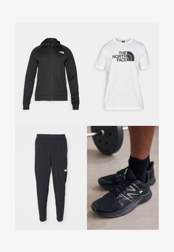 Černá zipová mikina s přiléhavým střihem, s kapucí na šňůrku a logem na levé části hrudi. Měkká, elastická tkanina s žebrovanými manžetami.; Bílý bavlněný tričko s černým grafickým potiskem, na kterém je text a zakřivený design loga. Kulatý výstřih a krátké rukávy. Hladká textura.; Černé sportovní kalhoty s elastickým pasem, zúženými nohavicemi a bočními kapsami. Na stehně je umístěno jemné logo. Hladká textura.; Černé sportovní boty vyrobené z síťoviny a syntetických materiálů, s reflexními detaily a gumovou podrážkou s texturovaným gripem.