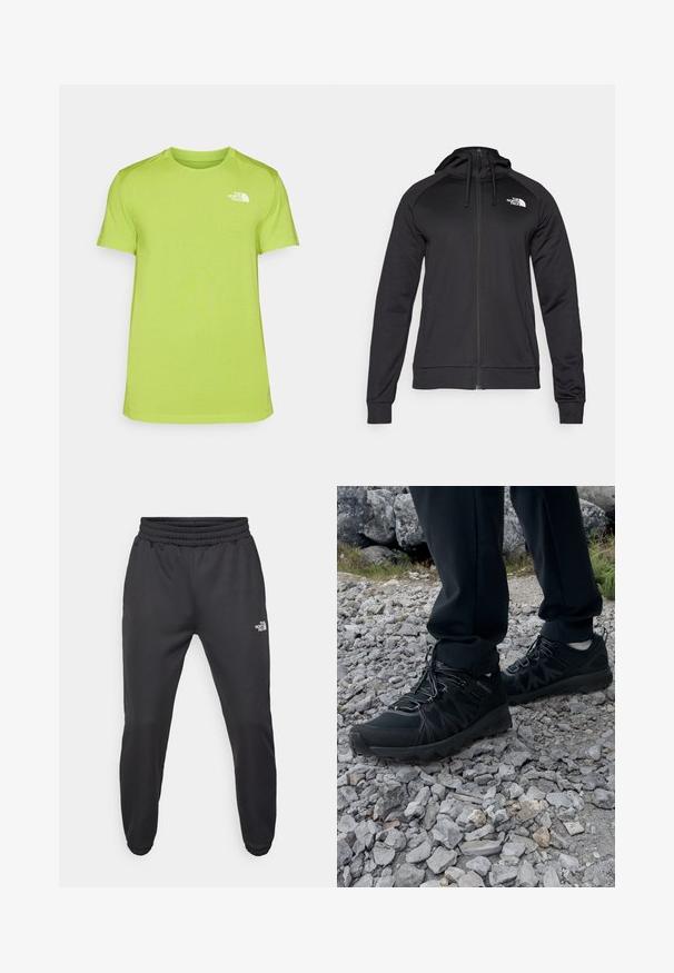 Črna zip-up kapuca s prilegnjenim dizajnom, ki ima kapuco z vrvico in logo na levem prsnem delu. Mehka, raztegljiva tkanina z rebrastimi manšetami.; Limeta zelena majica s kratkim rukavima izrađena od tkanine koja upija vlagu, sa malim bijelim logotipom na lijevoj strani prsiju i okruglim izrezom.; Črne trenirke z vrvico v pasu, ozkega kroja, z elastičnimi manšetami in majhnim belim logotipom na levem stegnu, narejene iz gladkega materiala.; Črne zunanje čevlje iz mrežastega in sintetičnega materiala, s teksturiranim zgornjim delom, zavarovanim sistemom vezalk in trdim podplatom, na skalnatem terenu.