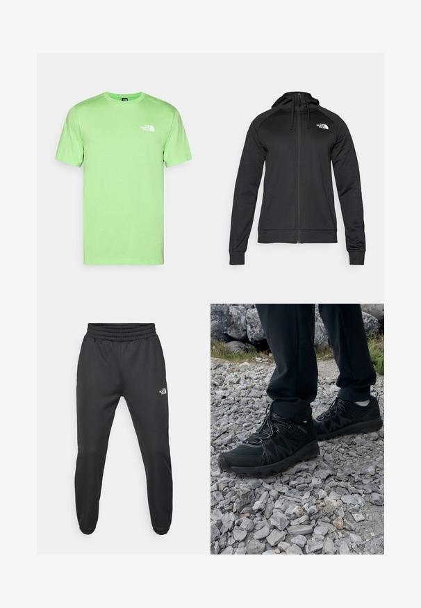 Sweatshirt preto com fecho zip, de corte ajustado, apresentando um capuz com cordão e o logótipo no lado esquerdo do peito. Tecido macio e elástico com punhos canelados.; T-shirt de algodão verde menta com decote redondo e mangas curtas. Apresenta um logo branco no lado esquerdo do peito. Textura suave, corte descontraído.; Calças de moletão pretas com cintura ajustável por cordão, corte afunilado, punhos elásticos e um pequeno logótipo branco na coxa esquerda, feitas de um tecido suave.; Sapatos pretos para exterior, feitos de material em malha e sintético, com um cabedal texturizado, sistema de atilho seguro e uma sola robusta, sobre terreno rochoso.