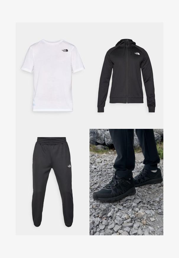 Black zip-up hoodie with a fitted design, featuring a drawstring hood and logo on the left chest. Soft, stretchy fabric with ribbed cuffs.; White short-sleeve t-shirt featuring a black logo on the upper left chest and blue design detail near the hem. Soft, lightweight fabric.; Black sweatpants with a drawstring waist, tapered fit, elastic cuffs, and a small white logo on the left thigh, made from smooth fabric.; Black outdoor shoes with mesh and synthetic material, featuring a textured upper, secured lacing system, and a rugged outsole, on rocky terrain.