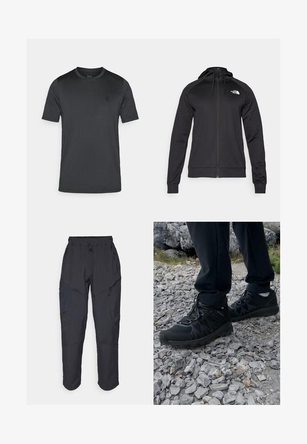 Czarny zamykany na zamek dres z dopasowanym krojem, z kapturem na sznurku i logo na lewej piersi. Miękka, elastyczna tkanina z prążkowanymi mankietami.; Męska koszulka z krótkim rękawem w ciemnoszarym kolorze, wykonana z gładkiego materiału. Posiada okrągły dekolt i małe logo na piersi.; Czarne spodnie cargo wykonane z lekkiego, wodoodpornego materiału; posiadają elastyczny pas, liczne kieszenie zapinane na zamek oraz zwężane nogawki.; Czarne buty outdoorowe wykonane z siateczki i materiału syntetycznego, z fakturowaną cholewką, zabezpieczonym systemem sznurowania i solidną podeszwą, na skalistym terenie.