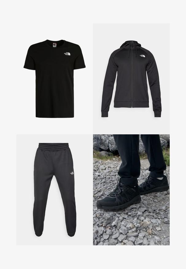 Sort zip-up hættetrøje med en tætsiddende pasform, der har snøre i hætten og logo på venstre bryst. Blødt, strækbart stof med ribbede manchetter.; Sort kortærmet t-shirt lavet af bomuld med rund hals, prydet med et hvidt logo på venstre bryst. Enkel, udekoreret design.; Sorte sweatpants med snor i livet, tætsiddende pasform, elastiske manchetter og et lille hvidt logo på venstre lår, lavet af glat stof.; Sorte udendørssko med mesh og syntetisk materiale, med en tekstureret overdel, sikre snørebånd og en robust ydersål, på klippelandskab.