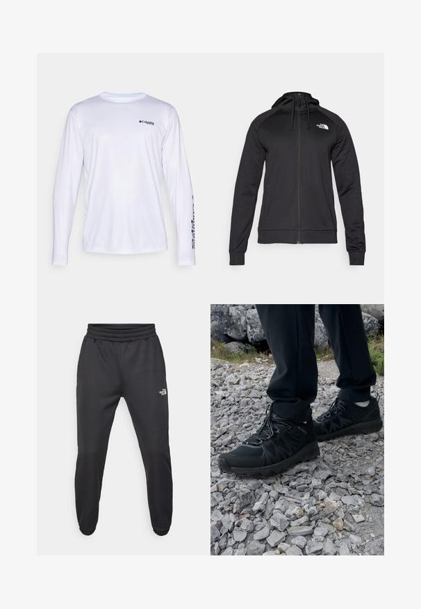 Svart hettegenser med glidelås og en tettsittende design, med snor for justering av hetta og logo på venstre bryst. Mykt, elastisk stoff med ribbede mansjetter.; Langermet hvit skjorte laget av lett materiale, med en marineblå logo på brystet og tekst langs ermet.; Sorte joggebukser med snor i livet, tettsittende passform, elastiske mansjetter og en liten hvit logo på venstre lår, laget av glatt materiale.; Sorte utendørssko i svart med mesh og syntetisk materiale, med en teksturert overdel, sikret snøresystem og en robust såle, på steinete terreng.