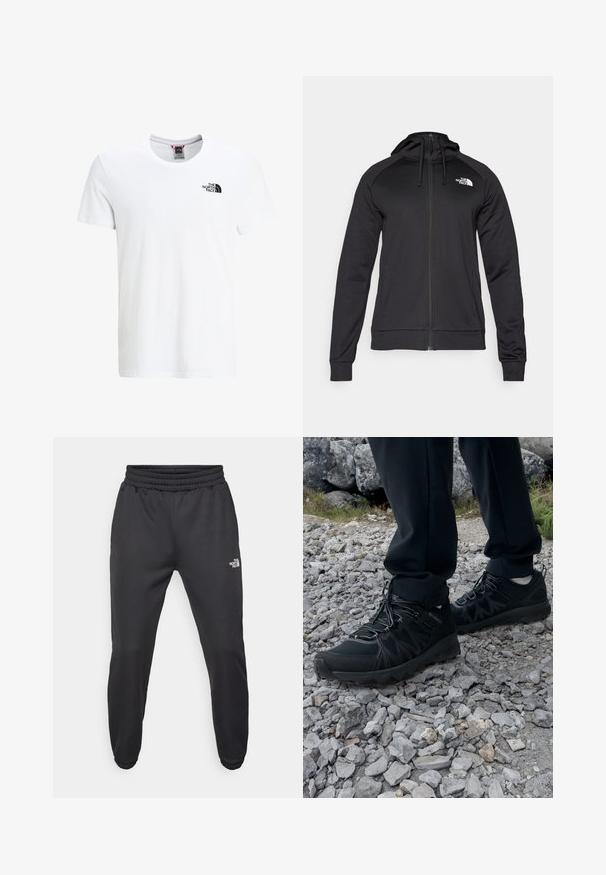 Sort zip-up hættetrøje med en tætsiddende pasform, der har snøre i hætten og logo på venstre bryst. Blødt, strækbart stof med ribbede manchetter.; Hvid bomulds T-shirt med korte ærmer, rund halsudskæring og et lille sort logo på øverste venstre bryst. Glat tekstur, afslappet pasform.; Sorte sweatpants med snor i livet, tætsiddende pasform, elastiske manchetter og et lille hvidt logo på venstre lår, lavet af glat stof.; Sorte udendørssko med mesh og syntetisk materiale, med en tekstureret overdel, sikre snørebånd og en robust ydersål, på klippelandskab.