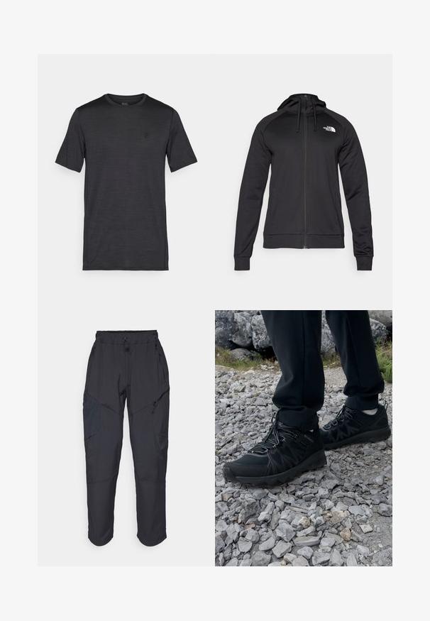 Sort zip-up hættetrøje med en tætsiddende pasform, der har snøre i hætten og logo på venstre bryst. Blødt, strækbart stof med ribbede manchetter.; Sort kortærmet t-shirt lavet af glat, letvægtsstof. Har en rund halsudskæring og et broderet logo på brystet.; Sorte cargo bukser lavet af et let, vandafvisende materiale; har elastisk talje, flere lynlåslommer og tætsiddende ben.; Sorte udendørssko med mesh og syntetisk materiale, med en tekstureret overdel, sikre snørebånd og en robust ydersål, på klippelandskab.