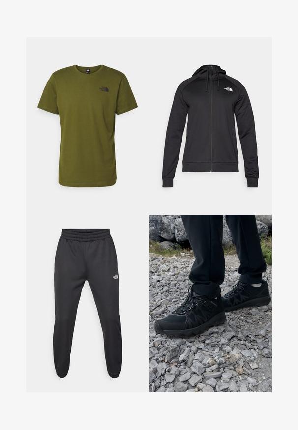 Sweatshirt preto com fecho zip, de corte ajustado, apresentando um capuz com cordão e o logótipo no lado esquerdo do peito. Tecido macio e elástico com punhos canelados.; T-shirt de algodão verde-azeitona com mangas curtas, decote redondo e um pequeno logótipo preto na área do peito esquerdo. Textura suave, design básico.; Calças de moletão pretas com cintura ajustável por cordão, corte afunilado, punhos elásticos e um pequeno logótipo branco na coxa esquerda, feitas de um tecido suave.; Sapatos pretos para exterior, feitos de material em malha e sintético, com um cabedal texturizado, sistema de atilho seguro e uma sola robusta, sobre terreno rochoso.