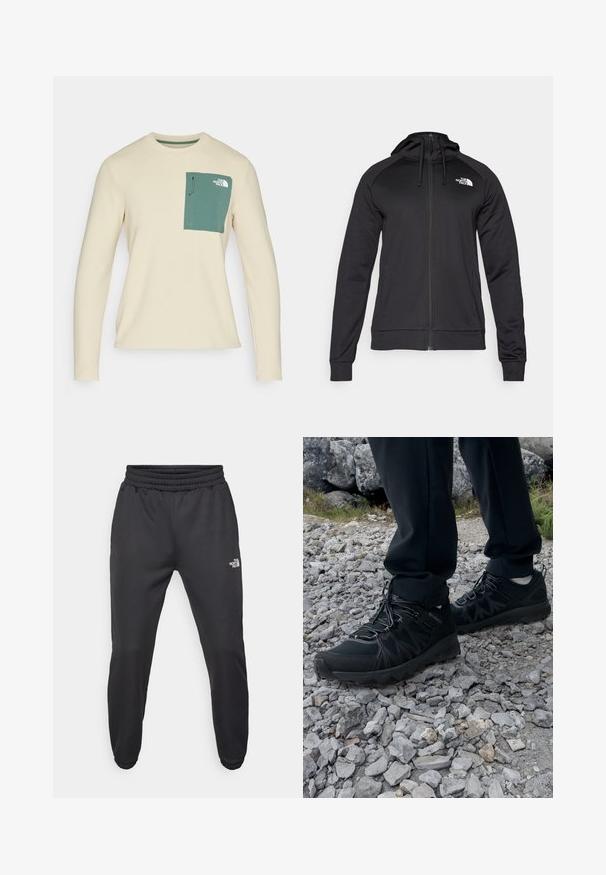 Schwarze Zip-Hoodie mit tailliertem Design, ausgestattet mit einer Kordelzugkapuze und einem Logo auf der linken Brust. Weicher, dehnbarer Stoff mit gerippten Bündchen.; Beige Langarmshirt aus strukturiertem Stoff, mit einer grünen Brusttasche mit Kordelzug und Logodetail.; Schwarze Jogginghose mit verstellbarem Bund, schlanker Passform, elastischen Bündchen und einem kleinen weißen Logo am linken Oberschenkel, hergestellt aus glattem Stoff.; Schwarze Outdoor-Schuhe aus Mesh und synthetischem Material, mit einer strukturierten Oberseite, gesichertem Schnürsystem und griffiger Laufsohle, auf felsigem Gelände.